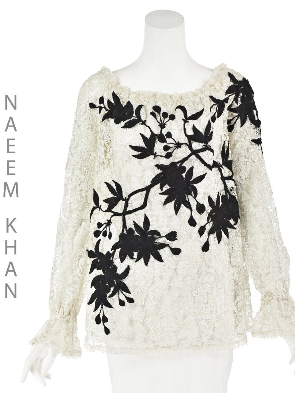 NAEEM KHAN White Guipure Lace Peasant Blouse w/Black Embroidered Flowers, SZ M/L